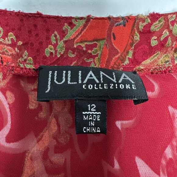 Juliana Collezione Drape front Blouse Red Silk Blend Paisley Size 12 - Picture 3 of 11